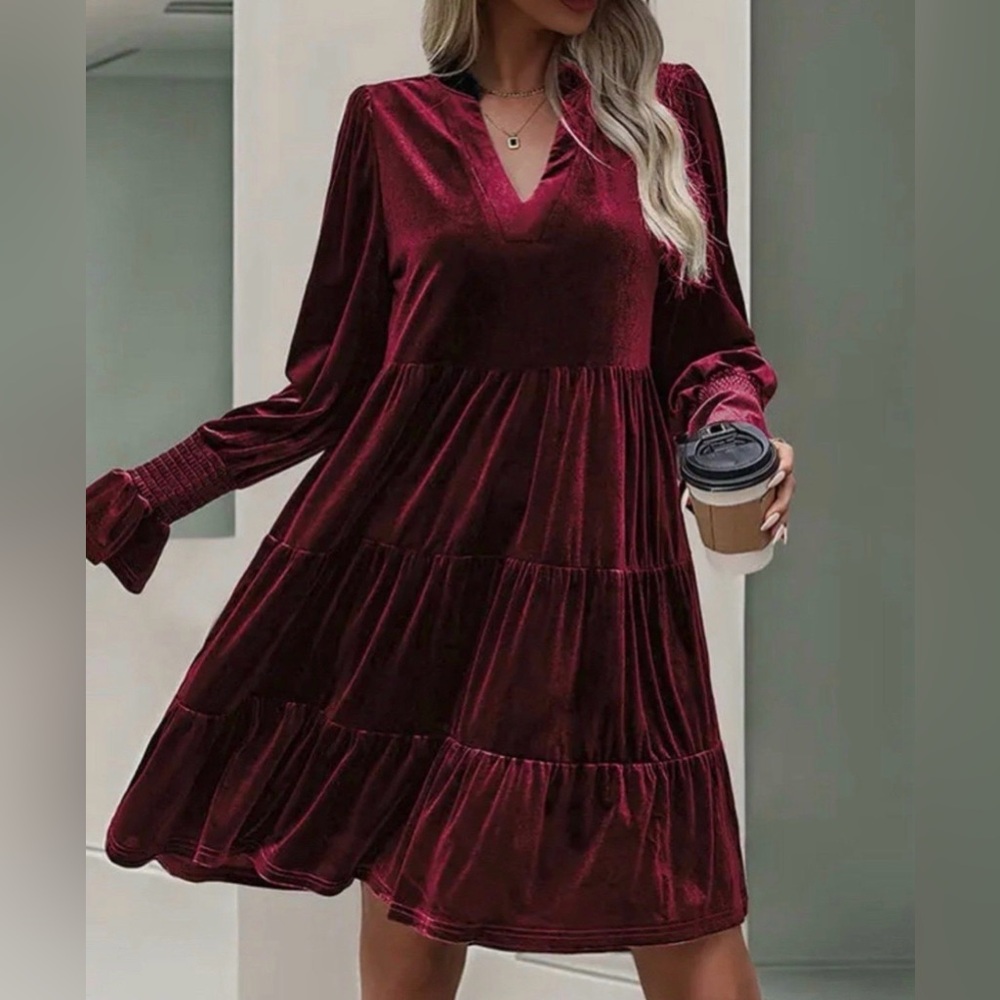 NWT Burgundy A-Line Long Sleeves Pleated Velvet V-Neck Tiered Dress Small